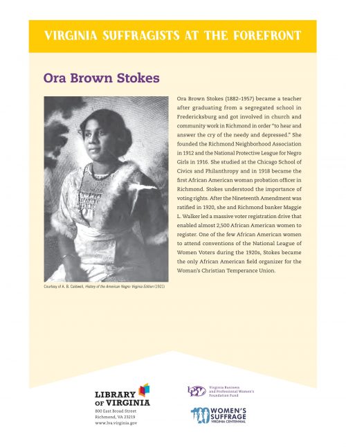 Photograph of Ora Brown Stokes with a short biography.
