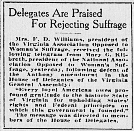 newspaper clipping regarding the Virginia House of Delegates' vote against the nineteenth amendment