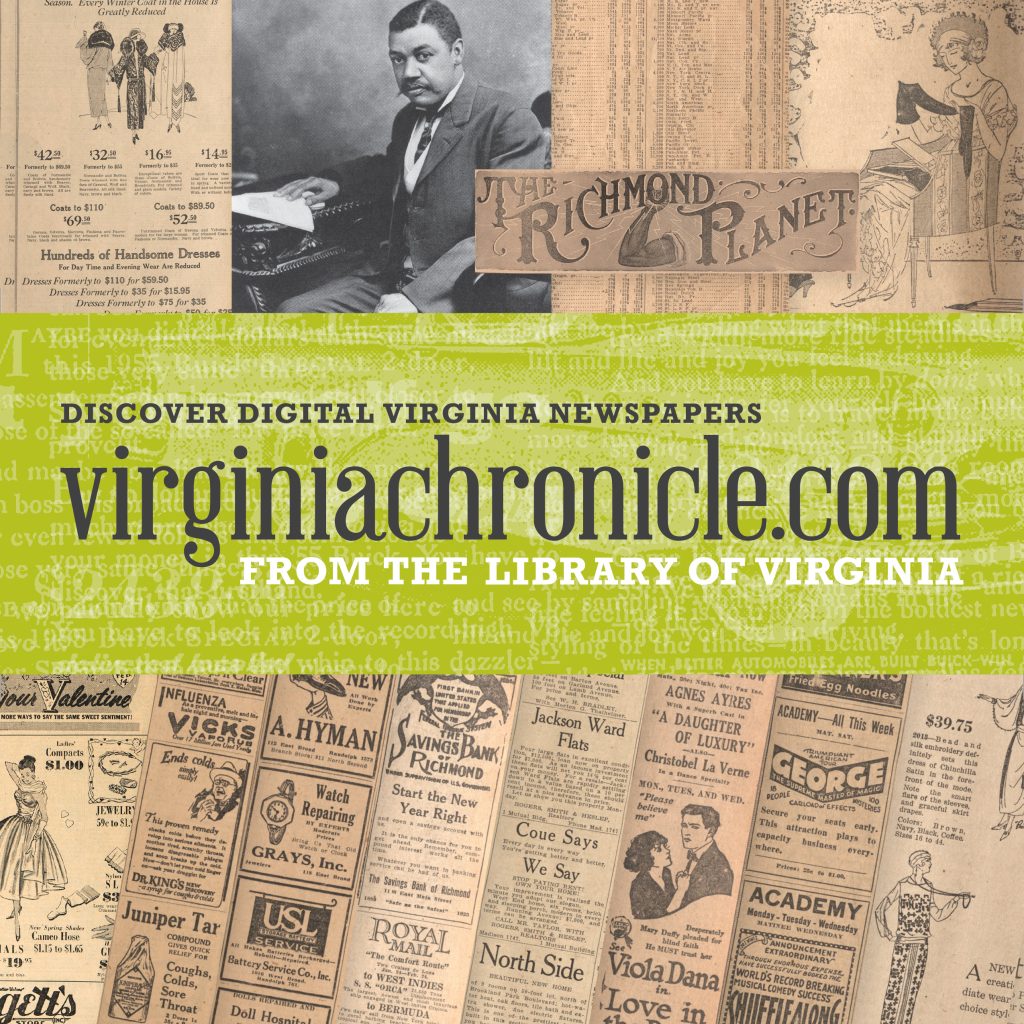 url for virginia chronicle newspaper database superimposed over newspaper clippings
