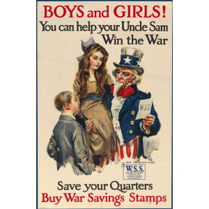 World War One War Savings Stamps poster with Uncle Sam and a girl and a boy